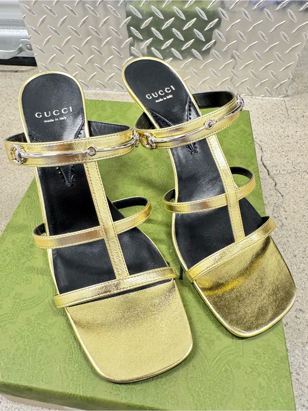 Gucci Metallic Gold Strappy Horsebit Heeled Sandals - New in Box